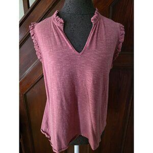 Garnet Hill Womens Ruffle Sleeveless Top Pink V-Neck Size L